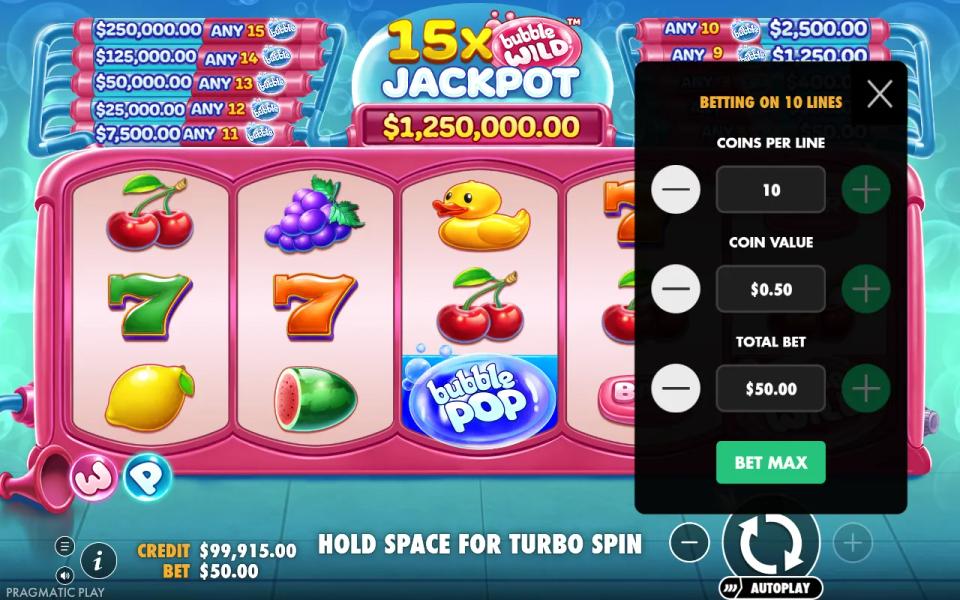 Bubble Wild bet menu at the 50.00 maximum bet, the jackpot plaque reading 1,250,000.00