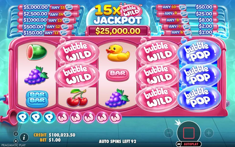 Bubble Wild board with five pink Bubble Wilds on reels 2 and 4 and three blue Bubble Pops on reel 5, eight bubbles counted in the tube
