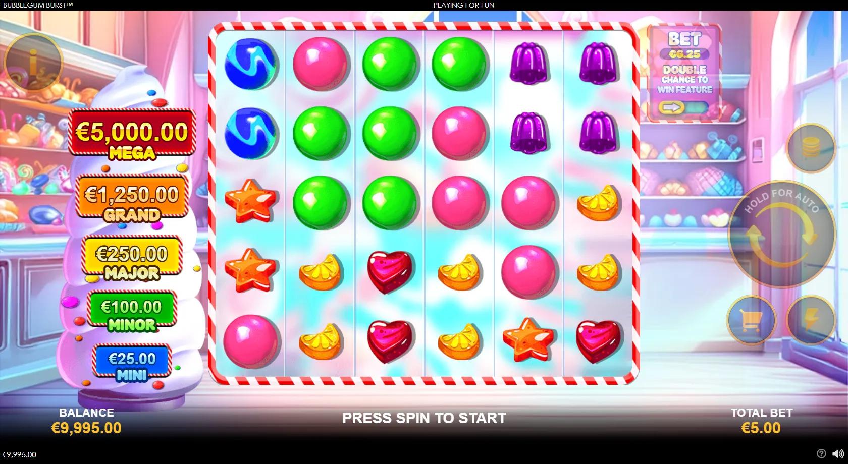 Bubblegum Burst slot gameplay showing a 6x5 candy scatter-pays grid with glossy sweets and a five-tier candy jackpot ladder