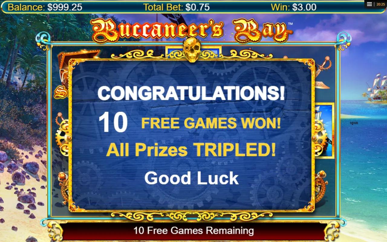 Buccaneer's Bay slot gameplay screenshot showing 5x3 free spins grid with Wild symbols and gold coin shower over pirate reels