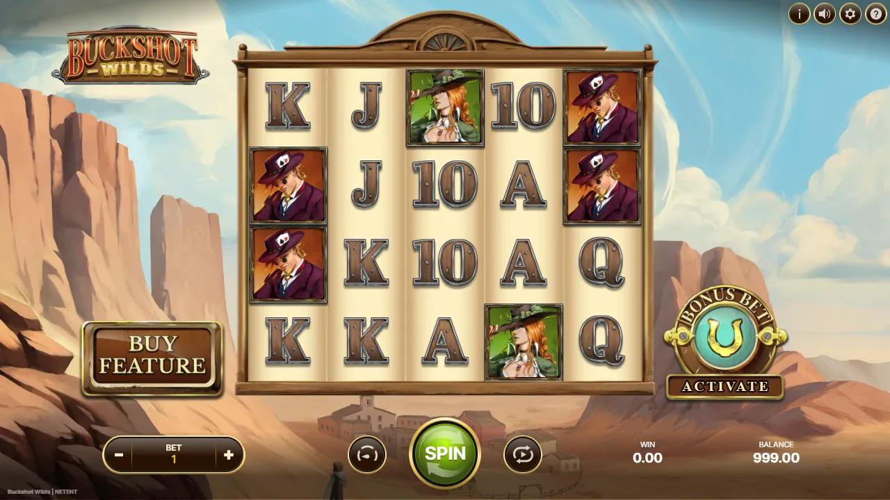 Buckshot Wilds slot gameplay showing the 5x4 frontier grid with walking Wild symbols on the reels
