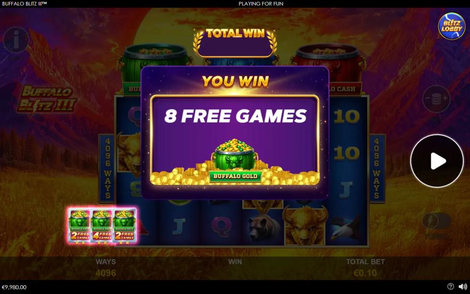 Lucky Box result reading YOU WIN 8 FREE GAMES with three green Buffalo Gold cards for 2, 4 and 2 spins along the bottom of the screen