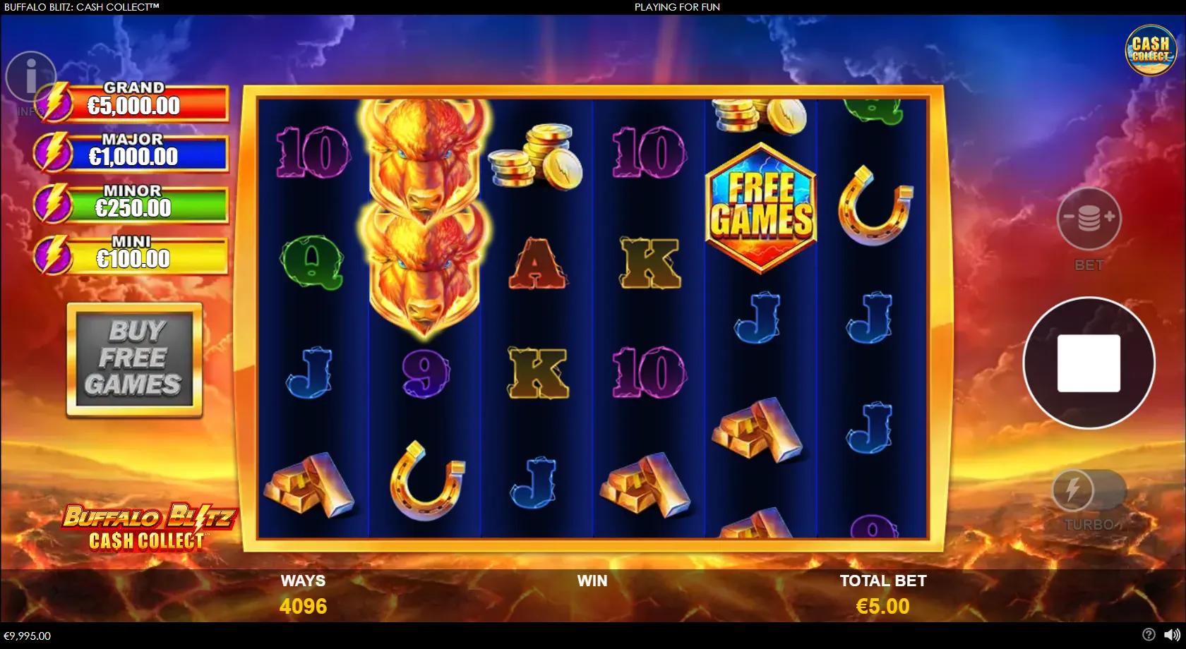 Buffalo Blitz Cash Collect slot: 6x4 flaming-buffalo grid with gold coins, a Cash Collect symbol and four jackpots