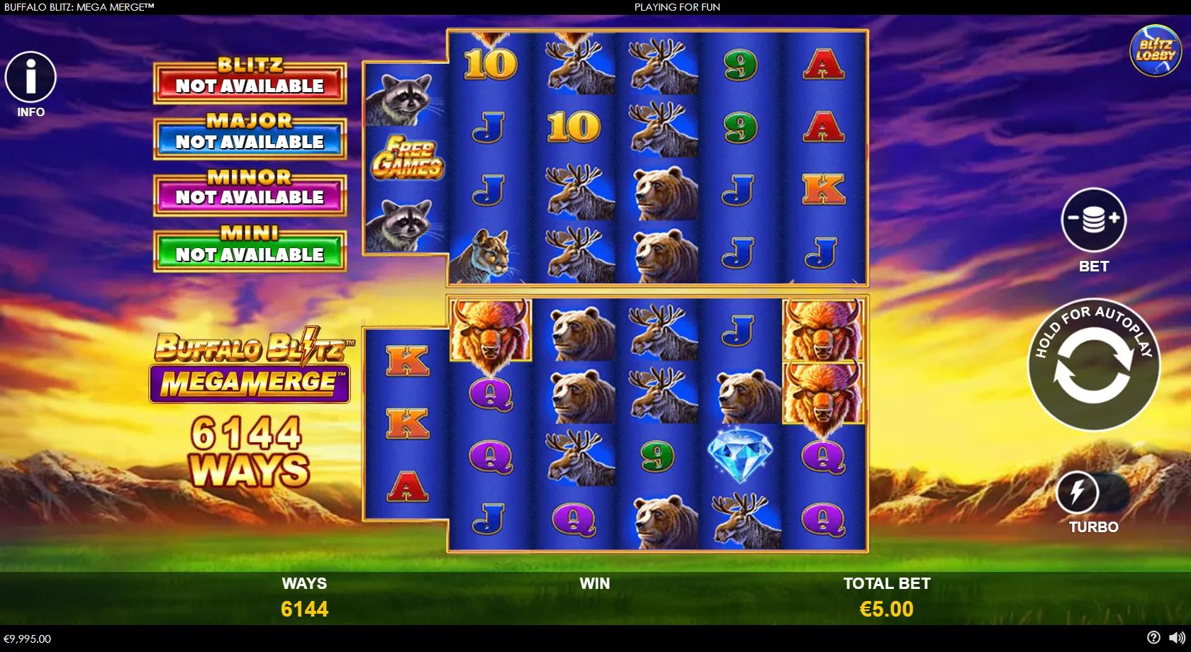 Buffalo Blitz: Mega Merge gameplay showing dual 6-reel sets of prairie wildlife with four Blitz jackpots