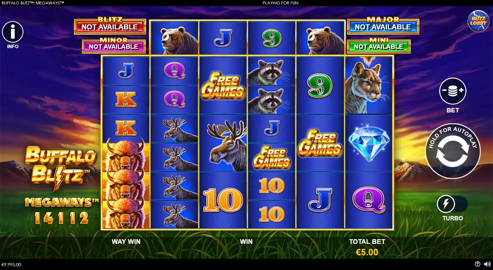 Buffalo Blitz Megaways gameplay showing 6-reel grid with stacked buffalo, Free Games scatters and Jackpot Blitz meters
