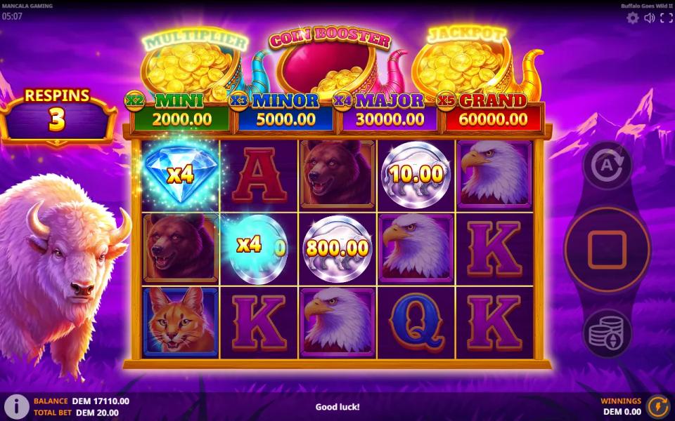 A x4 Multiplier diamond on reel 1 sending its multiplier to one coin on reel 2 while a larger coin beside it stays unchanged