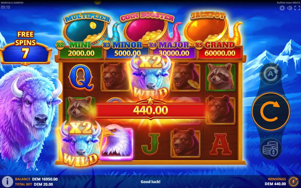 Free spin with two Wild x2 buffalo symbols on the reels and a line win banner across the middle