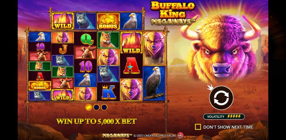 Buffalo King Megaways intro screen with the buffalo head, five volatility bolts and the line WIN UP TO 5,000 X BET