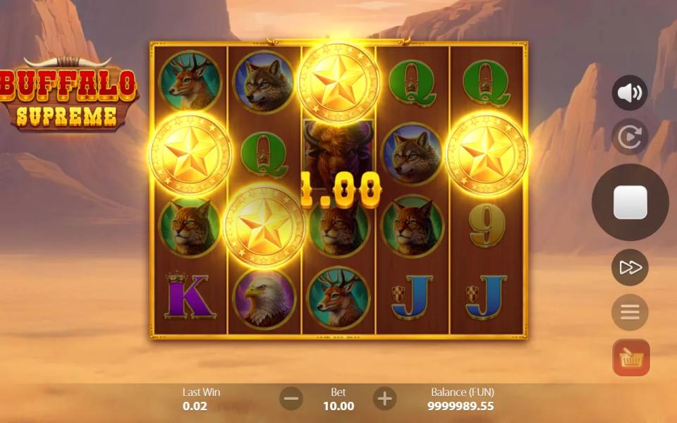 Buffalo Supreme 5x4 reels with four gold star scatters lit across the board, triggering the free spins round