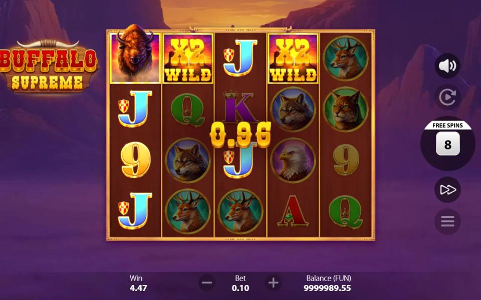 Buffalo Supreme free spins with two x2 multiplier wilds on the second and fourth reels combining into a x4 multiplier