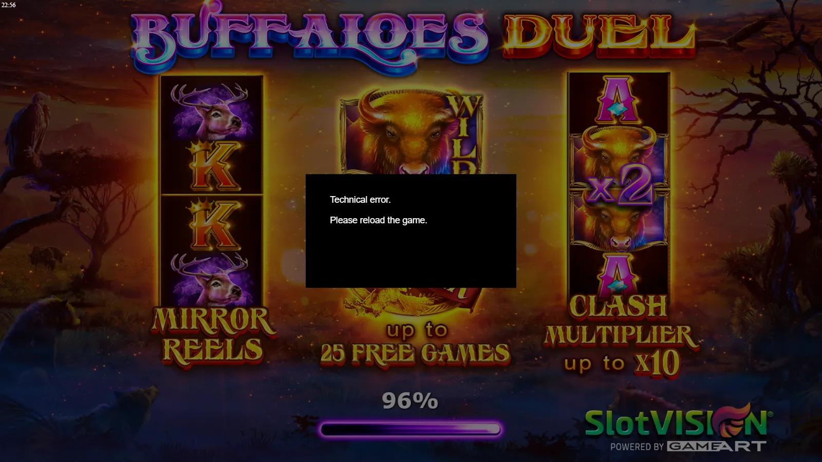 Buffaloes Duel slot showing the mirrored 5x4 prairie reels with buffalo, deer, wolf and cougar wildlife symbols