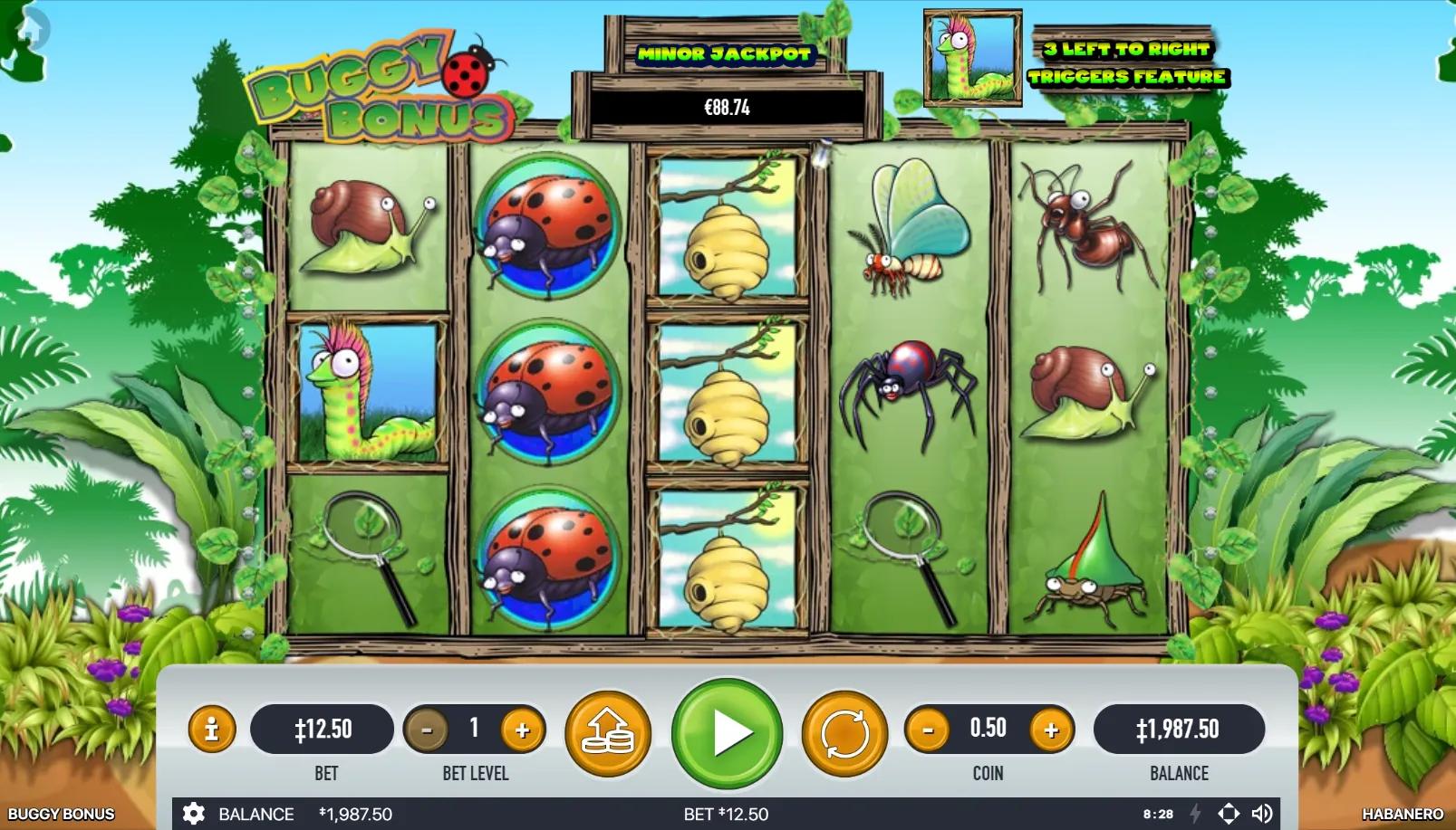 Buggy Bonus slot gameplay showing 5x3 reels with Beehive Wild, Ladybug and Caterpillar symbols on a forest garden backdrop