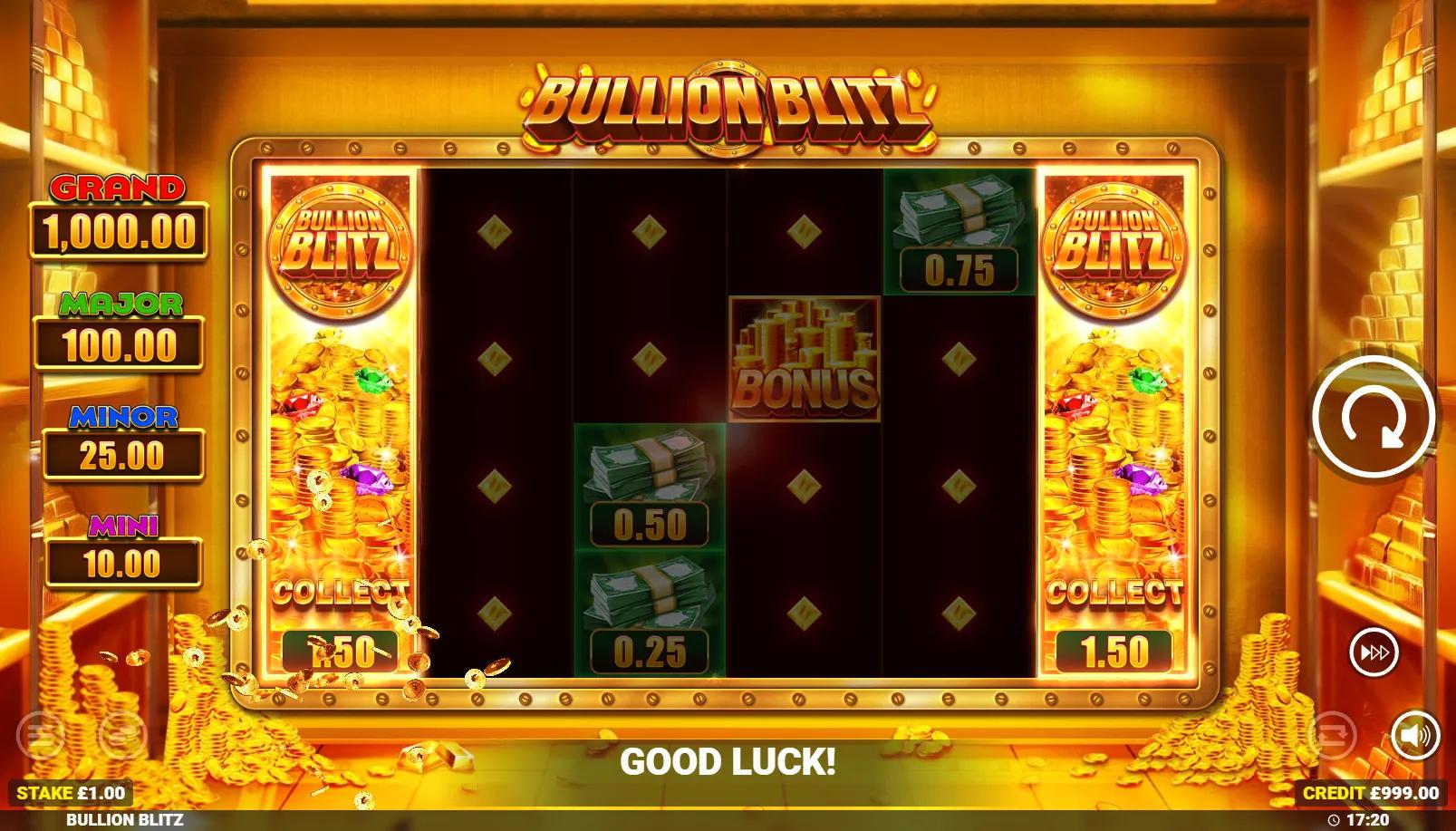 Bullion Blitz slot showing 6x4 collector grid with gold bar Cash Prizes, Cash Collect symbol and 4-tier jackpot panel