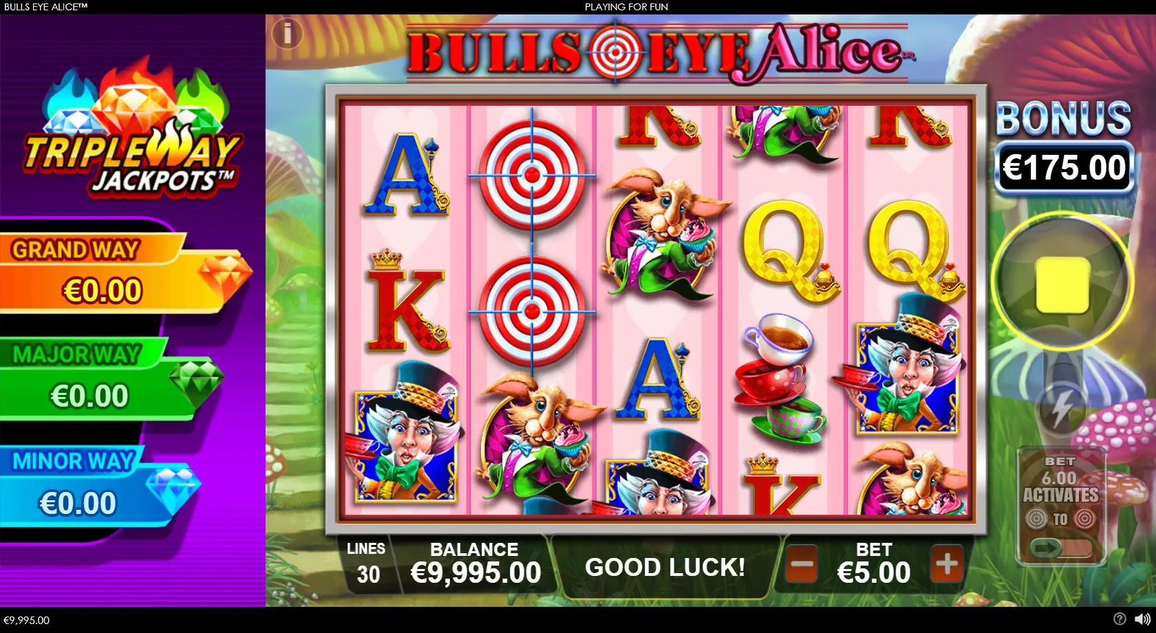 Bulls Eye Alice slot gameplay showing a 5x3 Alice in Wonderland grid with the March Hare, Mad Hatter and Cheshire Cat, bullseye target symbols and Triple Way progressive jackpots