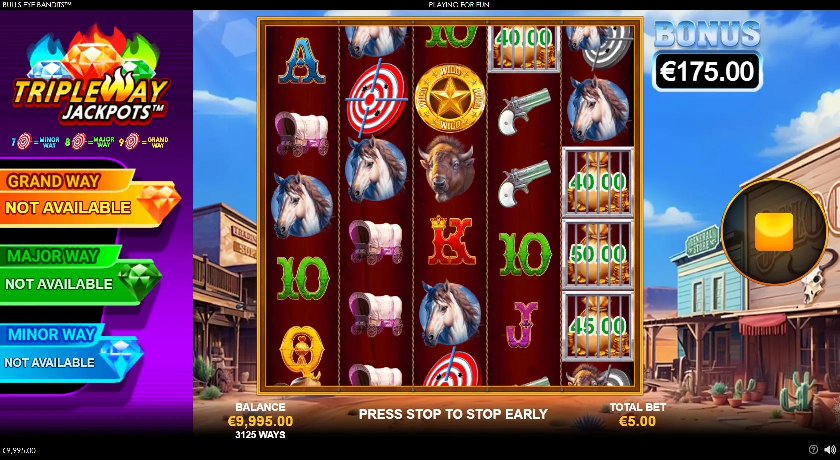Bulls Eye Bandits slot gameplay showing a 5x5 Wild West grid with cowboy, buffalo, horse and revolver symbols, bullseye targets, jailed wilds and a Triple Way Jackpots panel