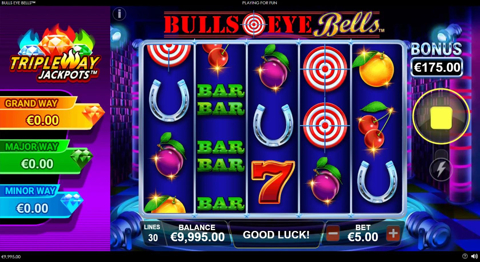 Bulls Eye Bells slot gameplay with red 7, golden bell and red-and-white bullseye target symbols on 5x3 reels in a neon bar setting