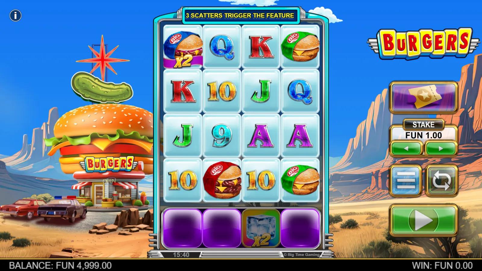 Burgers slot gameplay showing 4x4 grid with burger multiplier symbols and the ingredient Bonus Reel below