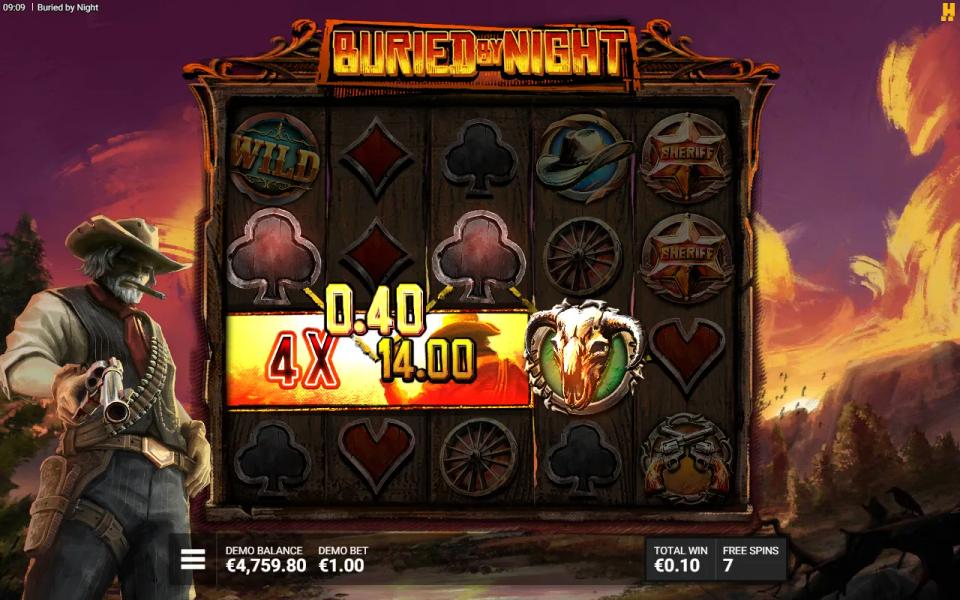 Buried by Night free spin with a 4x DuelRow stretched across the first three reels of row three and a skull line paying through it