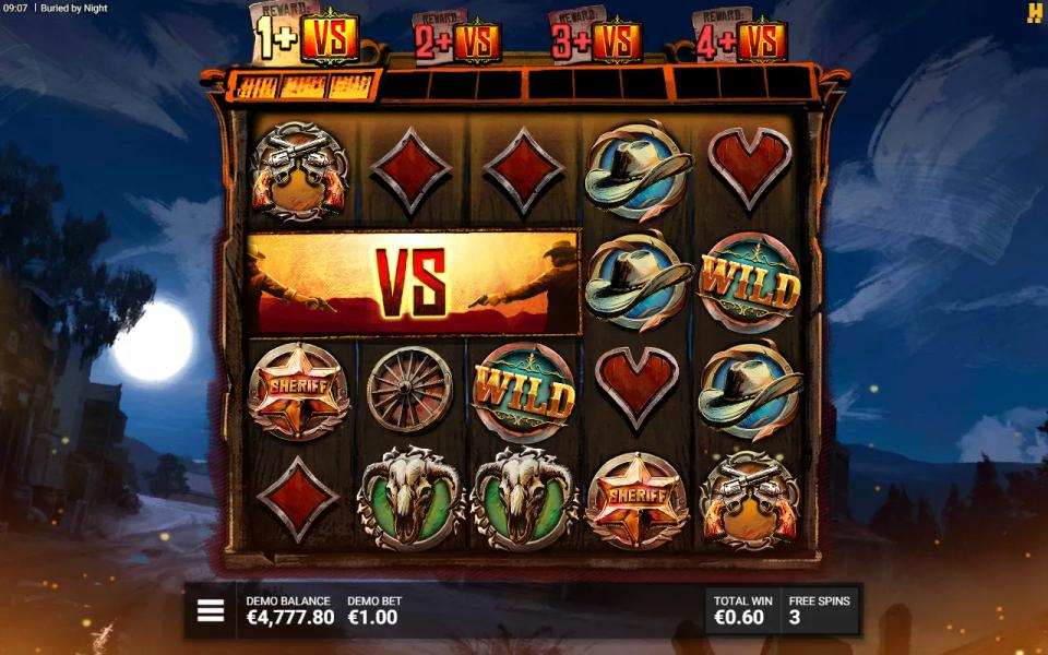 A VS banner across the first three reels of row two before the duel is settled, with the four-tier DuelSpin bar above the grid