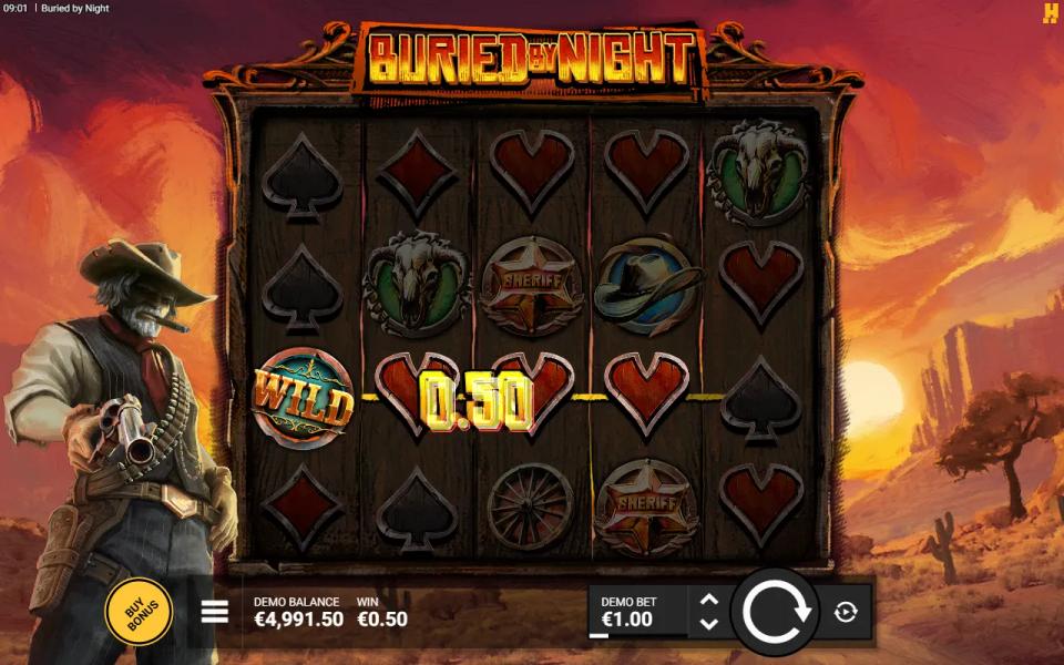 Buried by Night base game on a 5x4 board, a Wild on reel one completing a line of hearts for 0.50