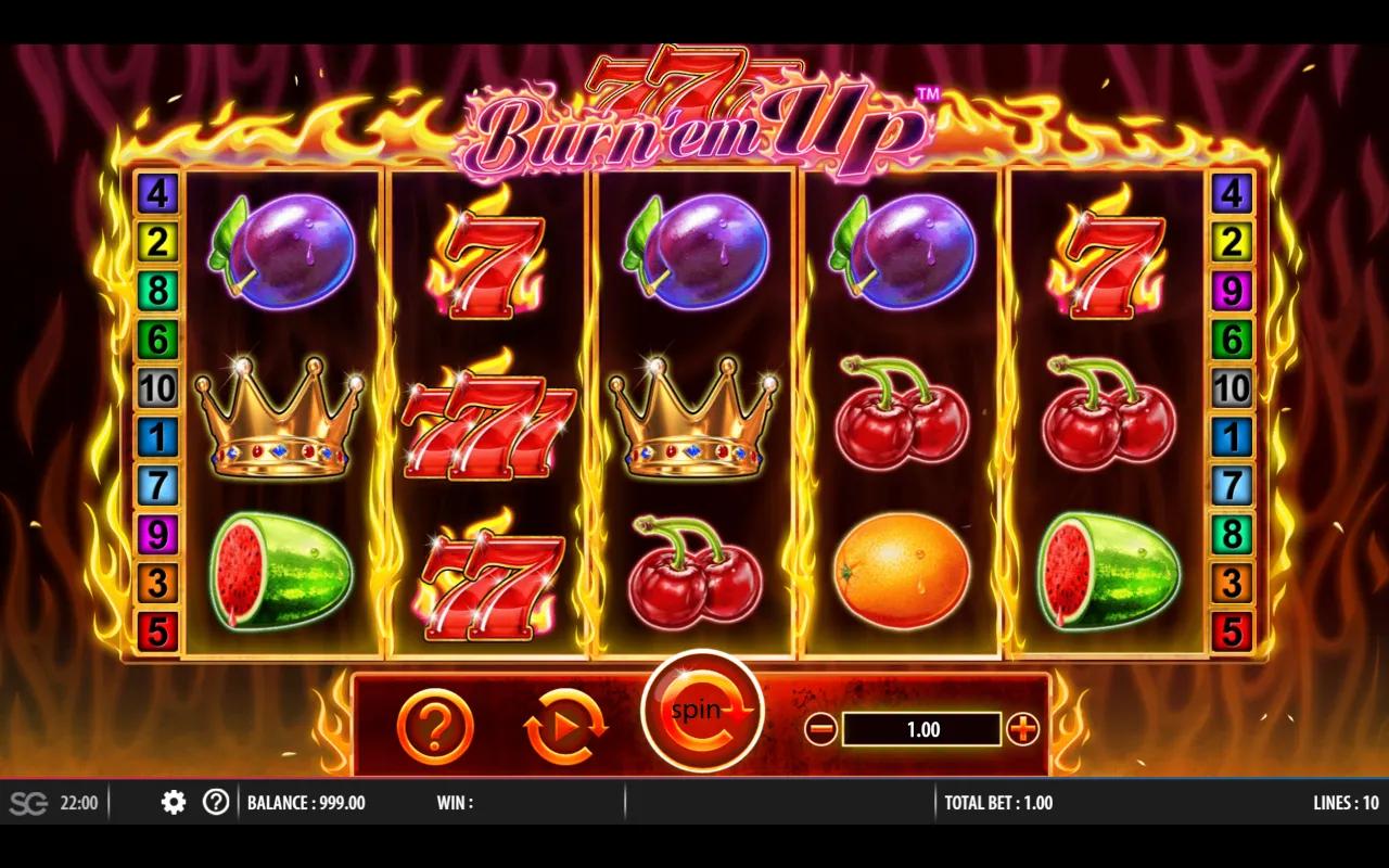 Burn 'em Up gameplay: 5x3 grid framed by yellow-orange flames with red 7s and the Joker wild on reel 5