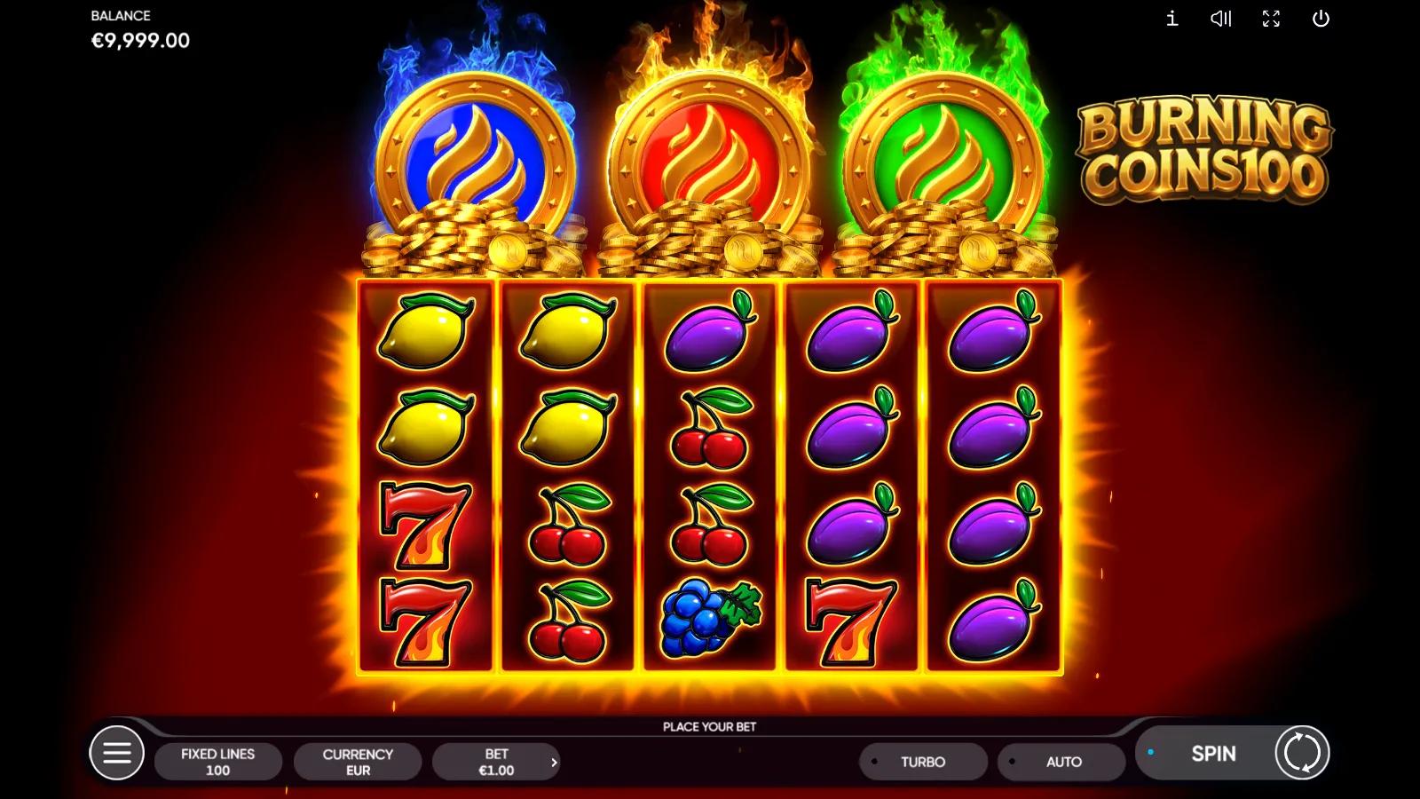 Burning Coins 100 slot gameplay showing the 5x4 fruit reels with lemons, plums and flaming Sevens under three burning coins