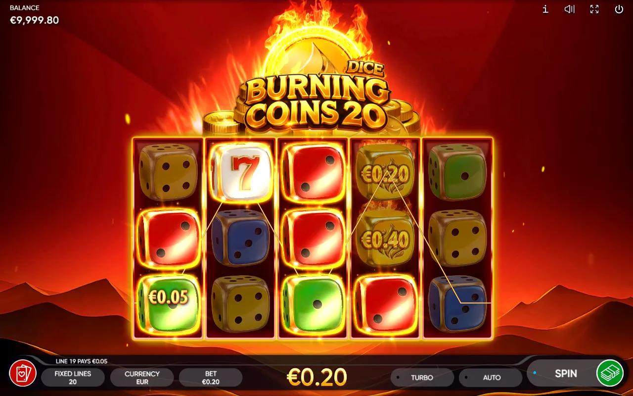 Burning Coins 20 Dice slot 5x3 grid of coloured dice with two flaming gold burning dice showing cash prizes on reel 4