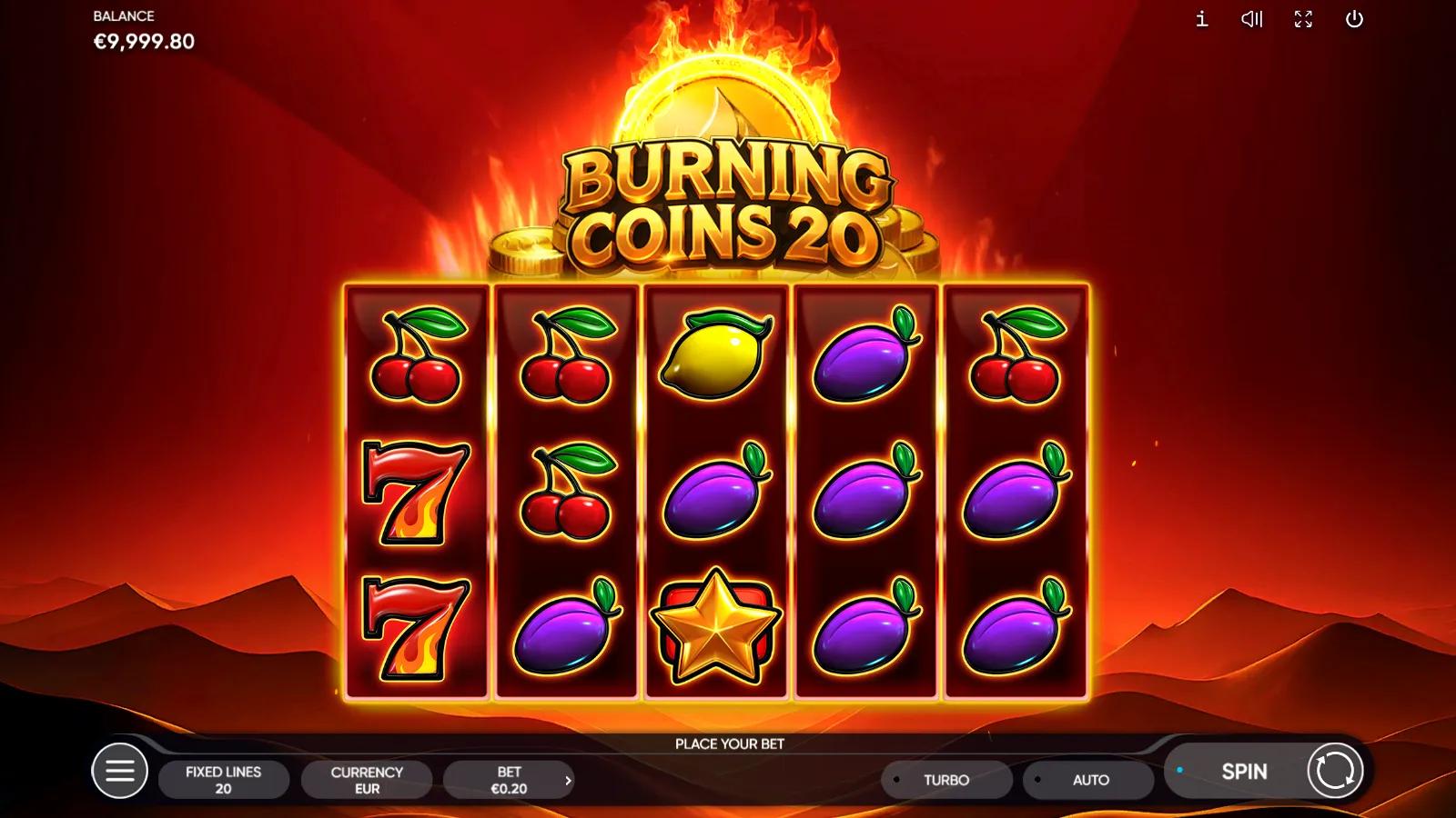 Burning Coins 20 gameplay showing 5x3 fruit reels with cherries, plums and a flaming Seven beneath a burning gold coin