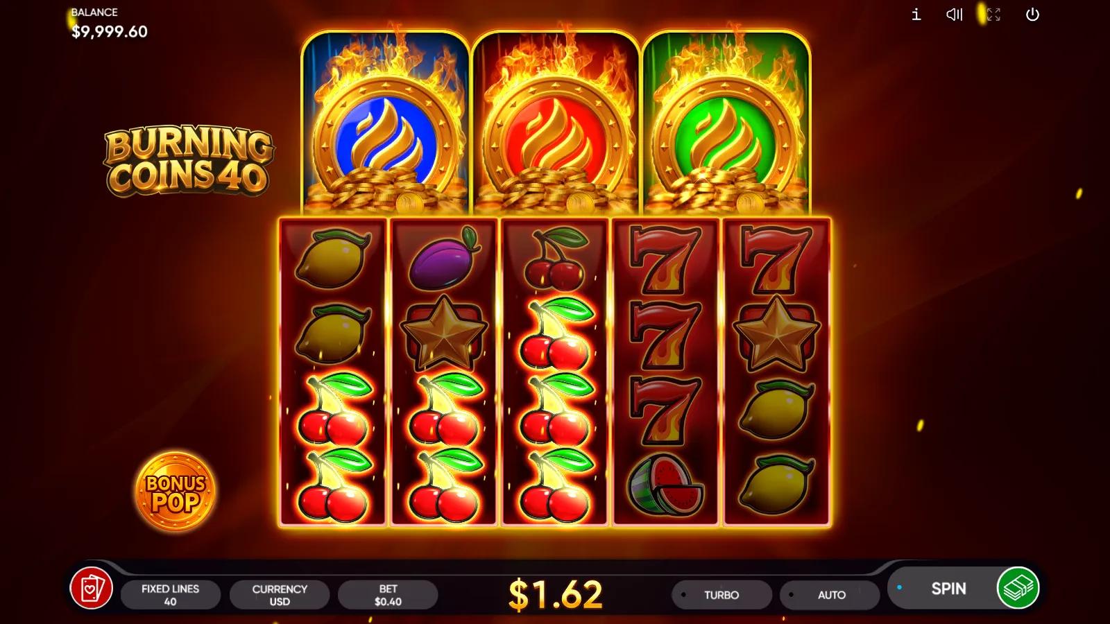 Burning Coins 40 gameplay showing 5x4 fruit reels with flaming Sevens and Wilds below the blue, red and green Burning Coins