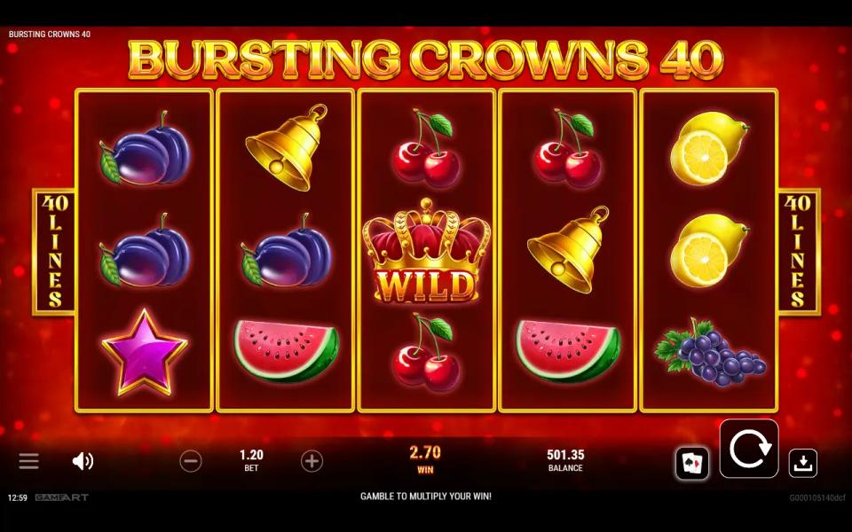 Bursting Crowns 40 reels in play: a crown wild on the middle reel among plums, bells, cherries and watermelons, with 40 lines marked on both sides