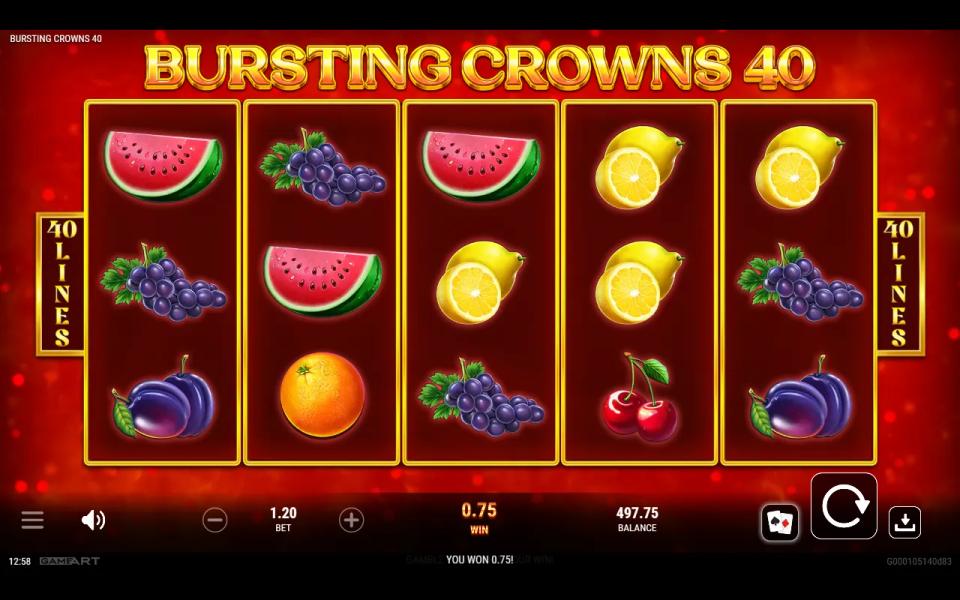 Bursting Crowns 40 after a small fruit win, with the card gamble button and the collect button next to the spin button