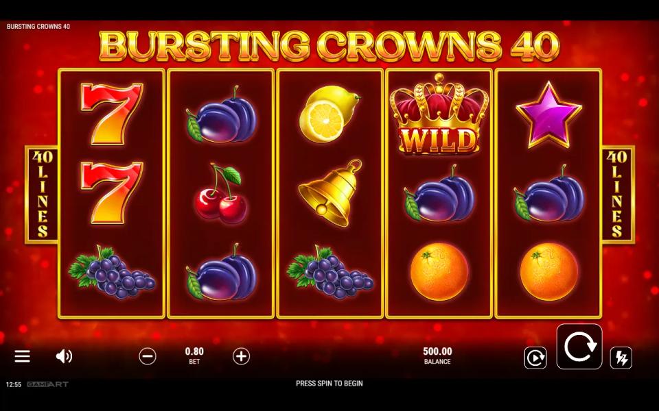 Bursting Crowns 40 board before the first spin, a 5x3 grid of red sevens, fruit, a bell, a star and a crown wild, 40 lines marked on each side