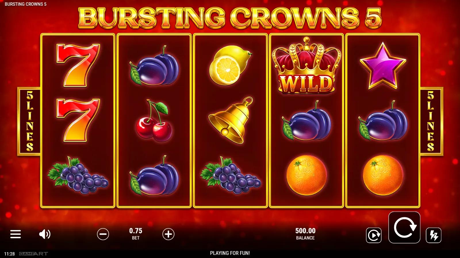 Bursting Crowns 5 slot gameplay showing 5x3 fruit reels with a Crown Wild and purple star Scatter across 5 paylines