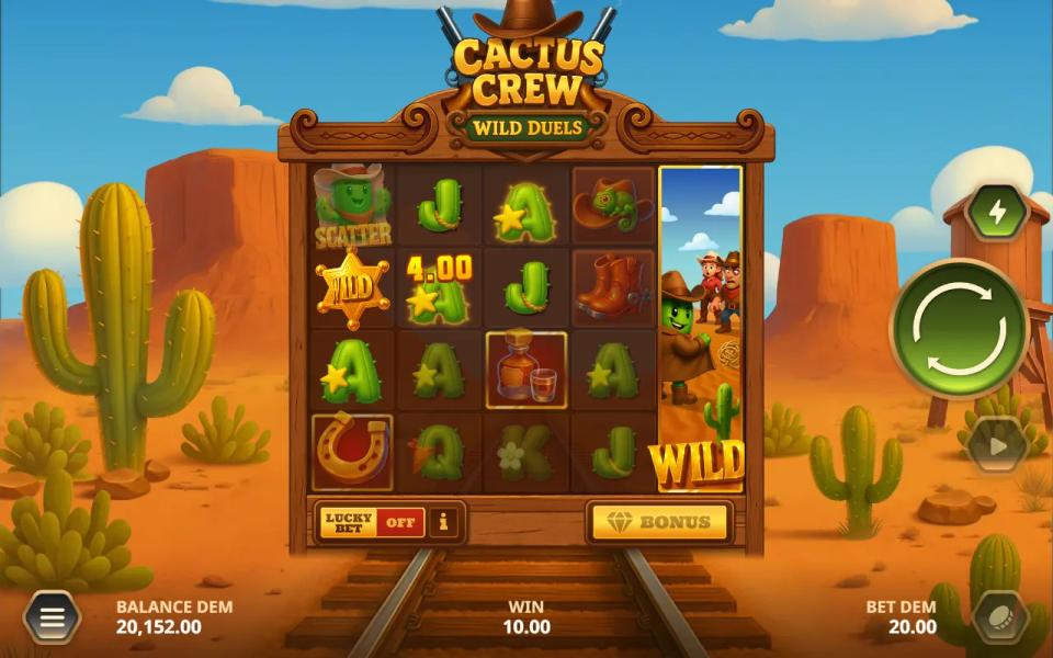Cactus Crew: Wild Duels base game on a desert railway, a cactus gunslinger Expanding Wild covering reel 5 of the 5x4 grid beside a small line win
