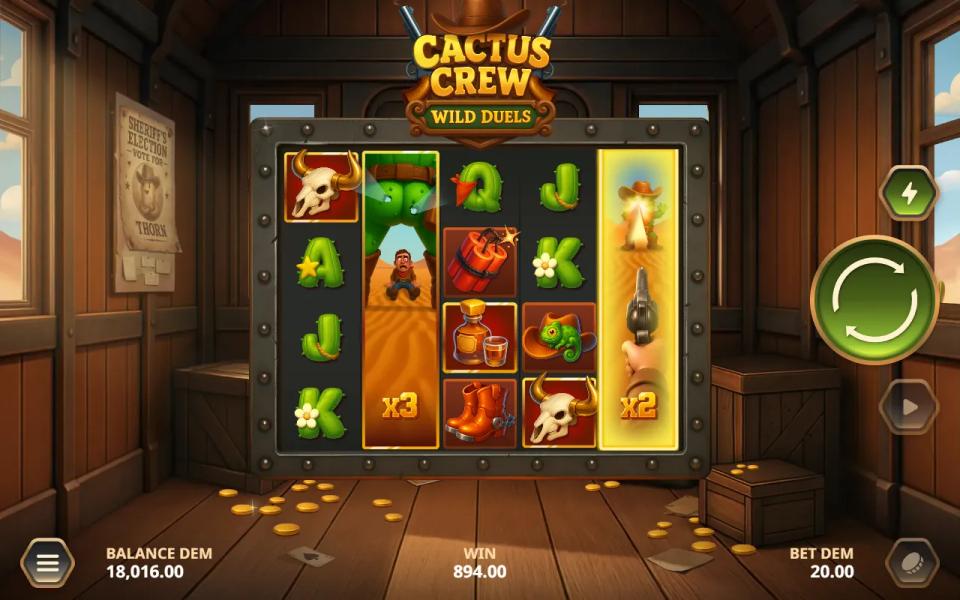 Cactus Crew: Wild Duels free spins in the saloon, an x3 bullet wild locked on reel 2 and an x2 revolver cylinder wild on reel 5