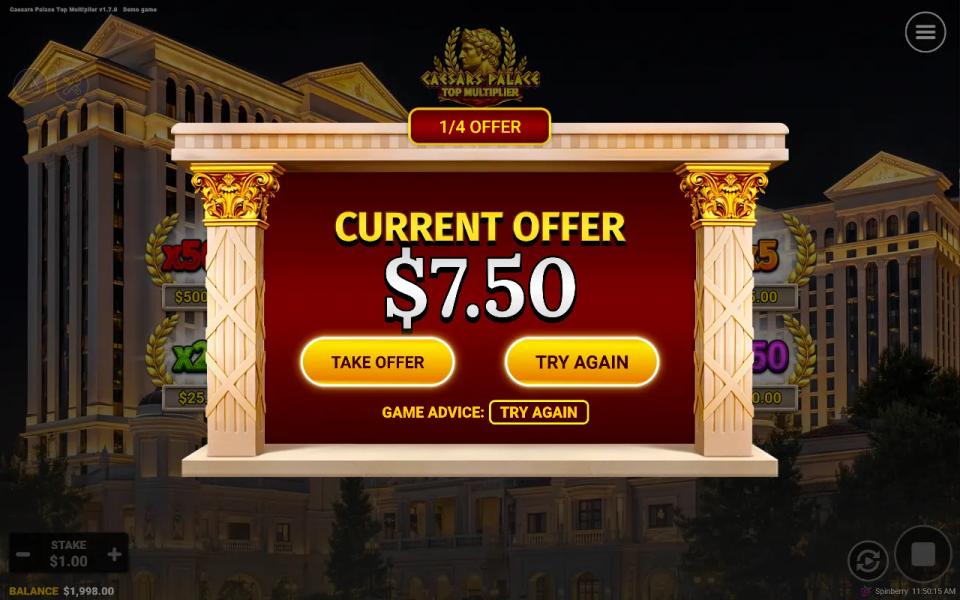 Top Multiplier offer card showing the offer count, Take Offer and Try Again buttons and the game's own advice line