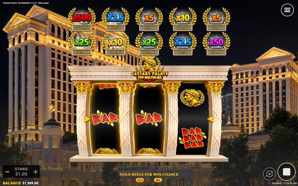 Two Single BAR symbols held on reels one and two with the Hold Reels for Win Chance banner and Yes and No buttons