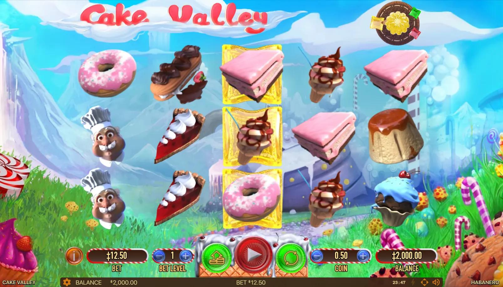 Cake Valley slot gameplay showing 5x3 grid with chef high-pay symbol, cherry pie, donut, ice cream and birthday cake Wild on candy-land valley backdrop