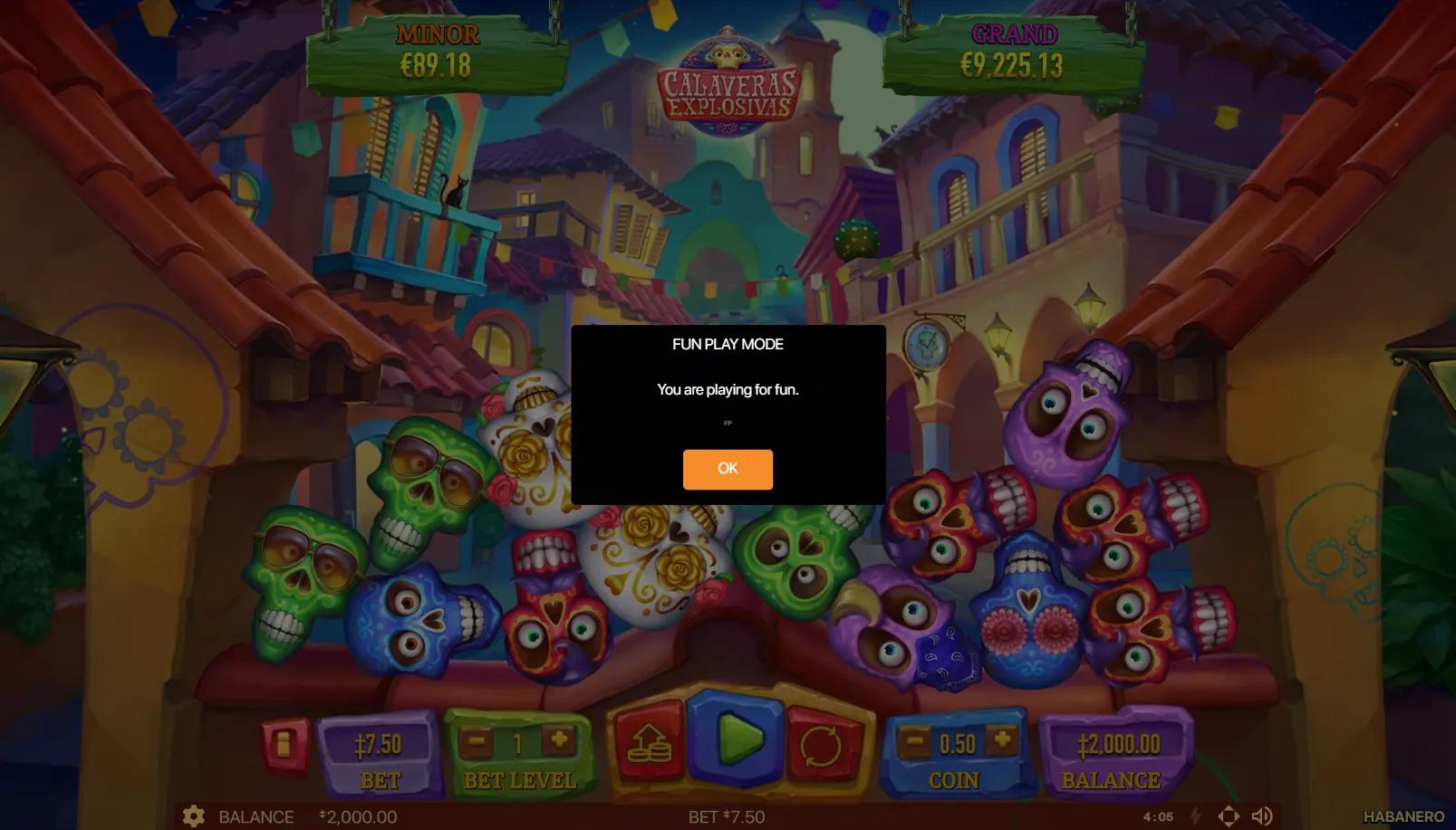 Calaveras Explosivas slot gameplay showing cluster grid of multi-coloured sugar skull calaveras with marigolds and a Mexican plaza backdrop at dusk