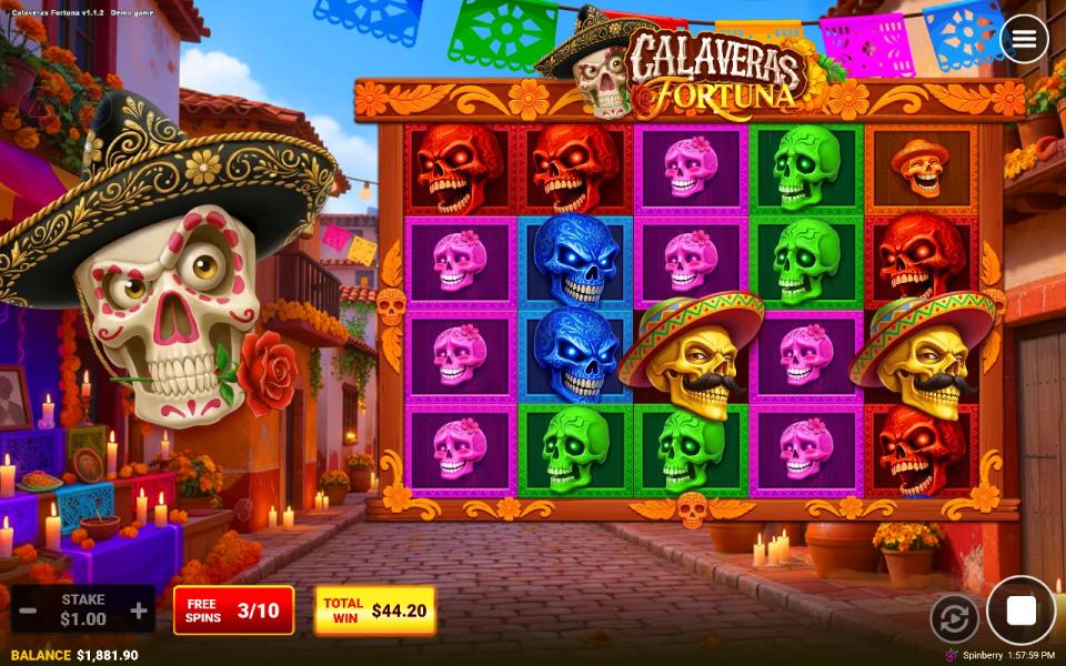 Two golden calaveras in sombreros landing on reels three and five during the Calaveras Fortuna free spins