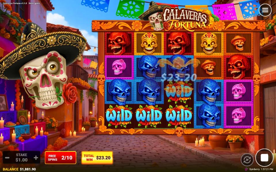 A row of three wilds across the first three reels next to stacked blue sugar skulls in the Calaveras Fortuna bonus