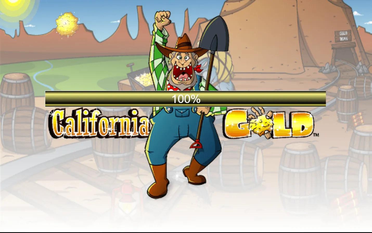 California Gold slot showing 5x3 Wild West reels with the cartoon Gold Rush prospector and gold mine entrance