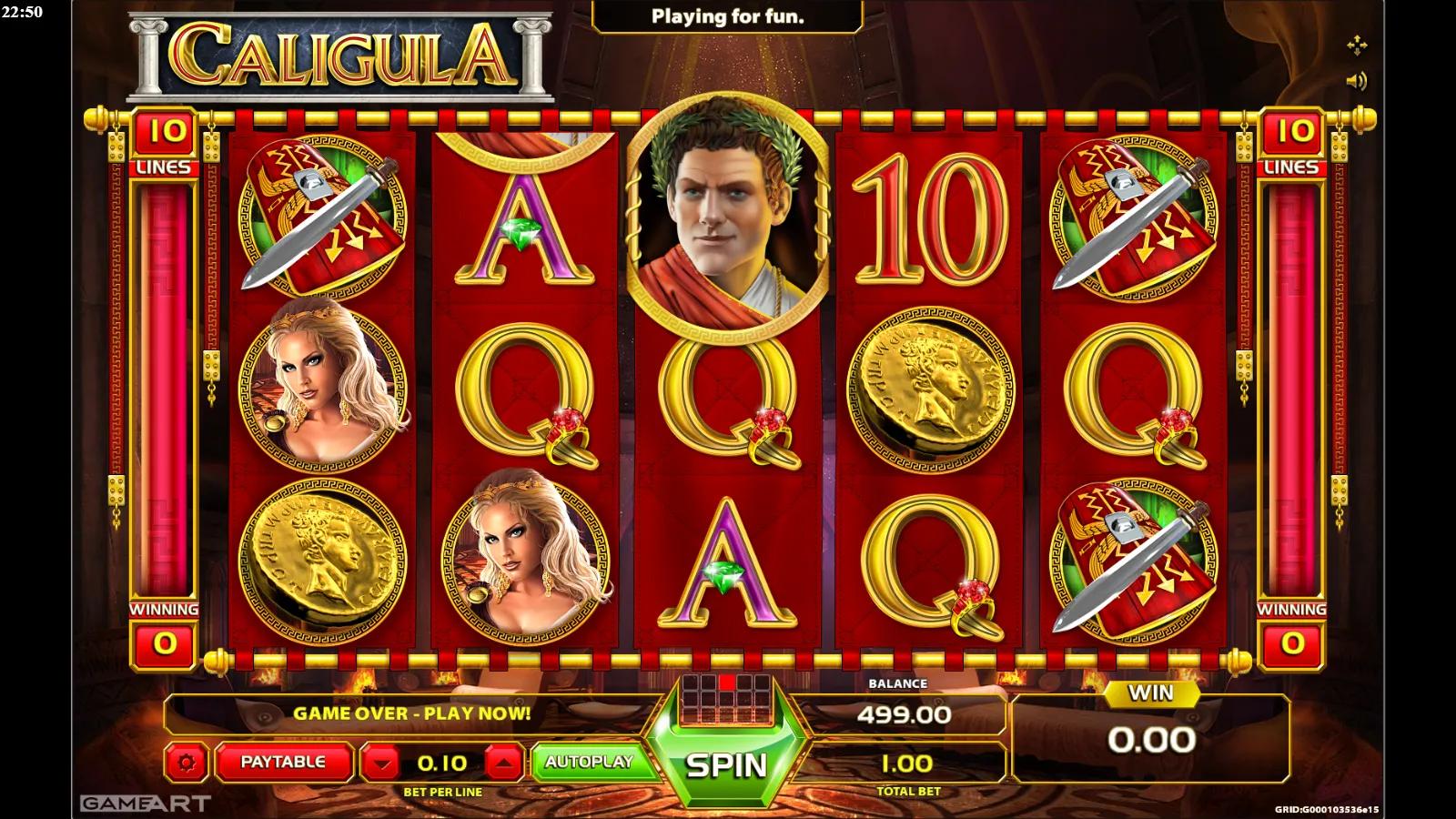 Caligula slot gameplay showing the 5x3 reels with the emperor Caligula, a Roman empress, gold coins and crossed-sword symbols