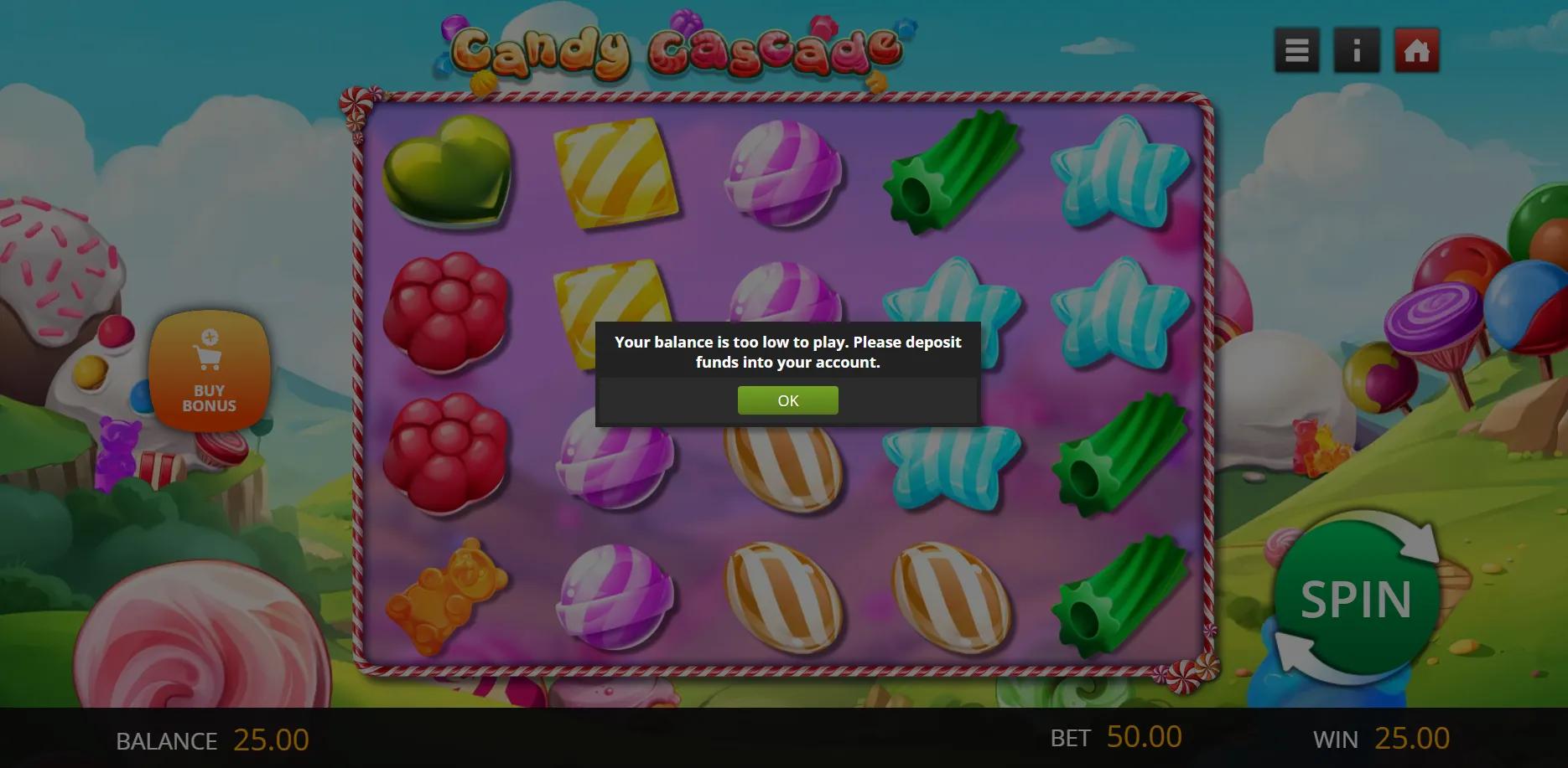 Candy Cascade slot gameplay screenshot