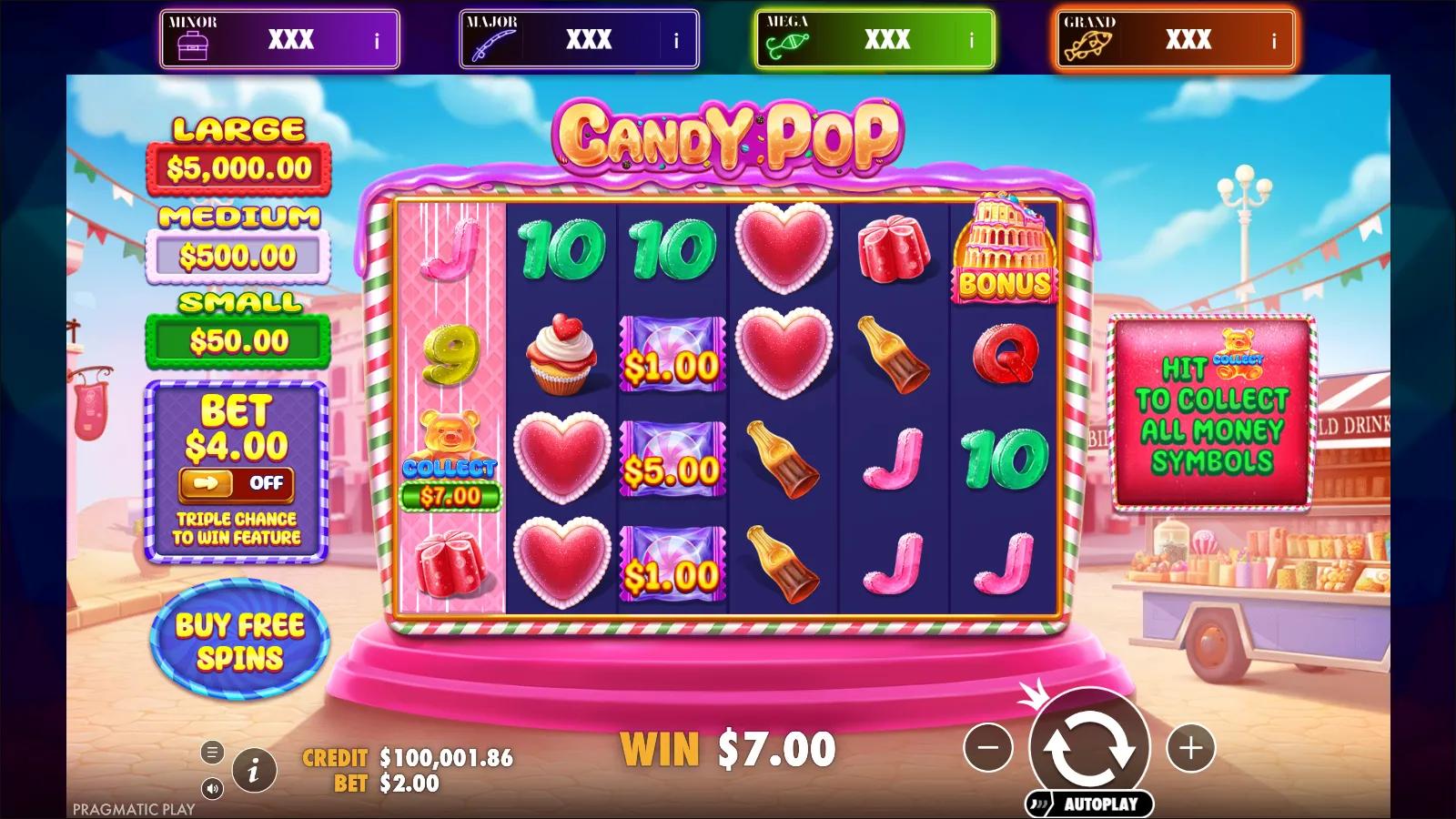 Candy POP Big Bass Jackpot Bonanza gameplay showing the 6x4 candy grid with money symbols and a Collector during a win