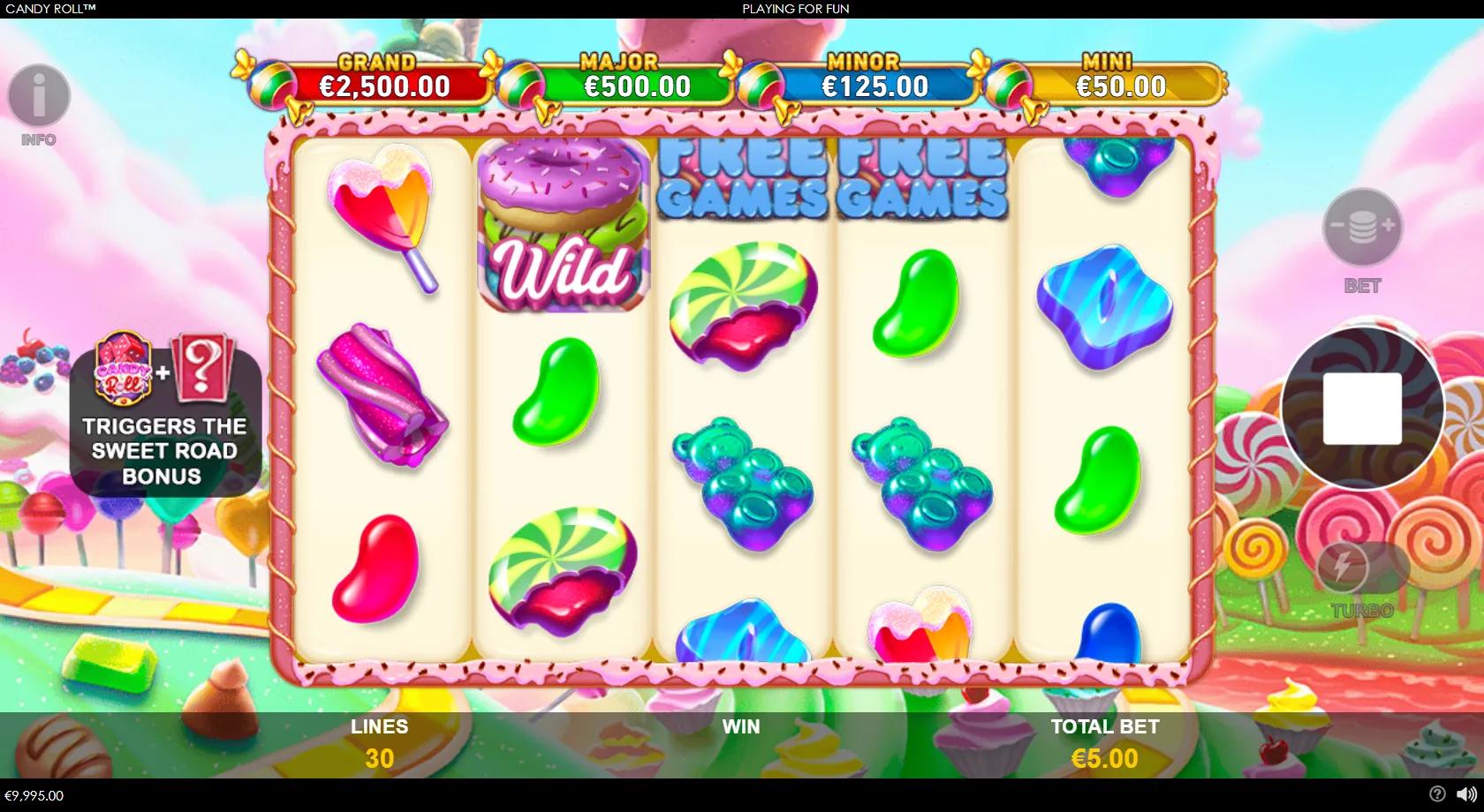 Candy Roll slot gameplay showing a 5x3 grid of jelly beans, gummy bears and lollipops with a sprinkled-donut wild on a bright candyland background