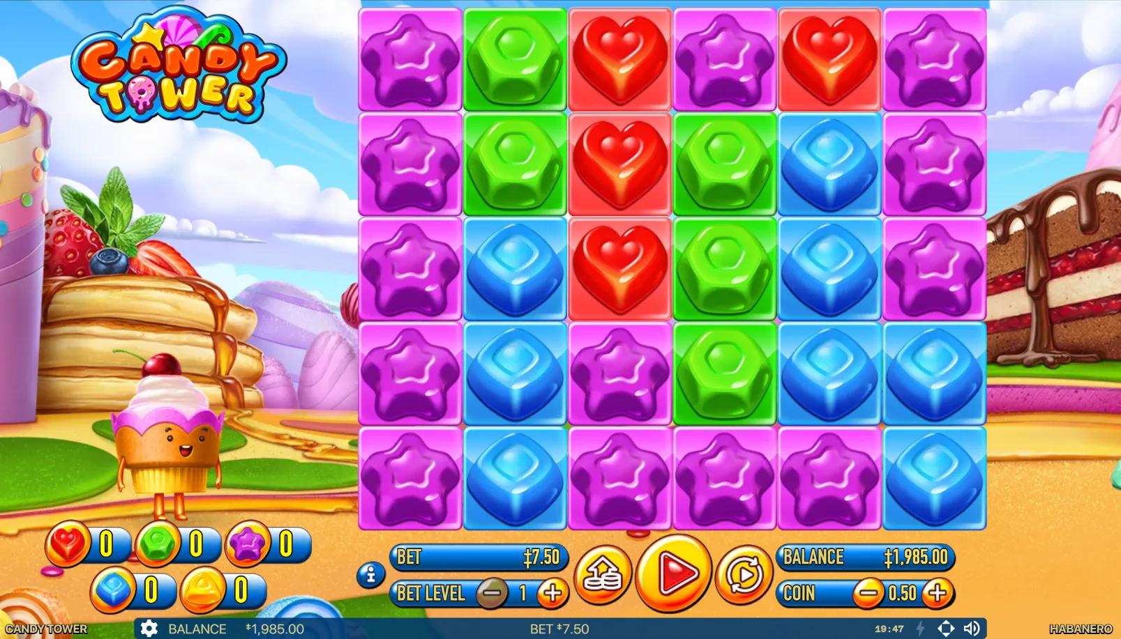 Candy Tower slot gameplay showing 6x5 grid with red, green, pink, blue, and yellow candies on a cloud-castle candy tower backdrop