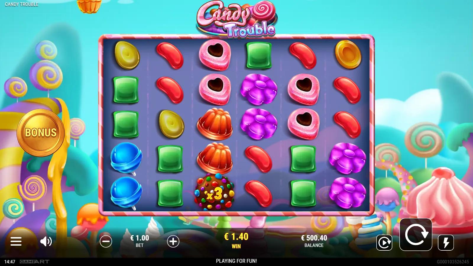 Candy Trouble slot gameplay showing 6x5 candy cluster grid with jellies, lollipops and an x3 Candy Bomb