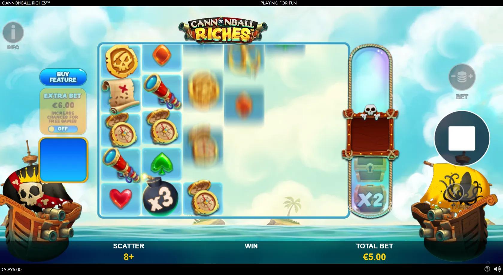 Cannonball Riches slot: 6x4 pirate scatter-pays grid with jewelled card suits, multiplier cannonball bombs and pirate ships