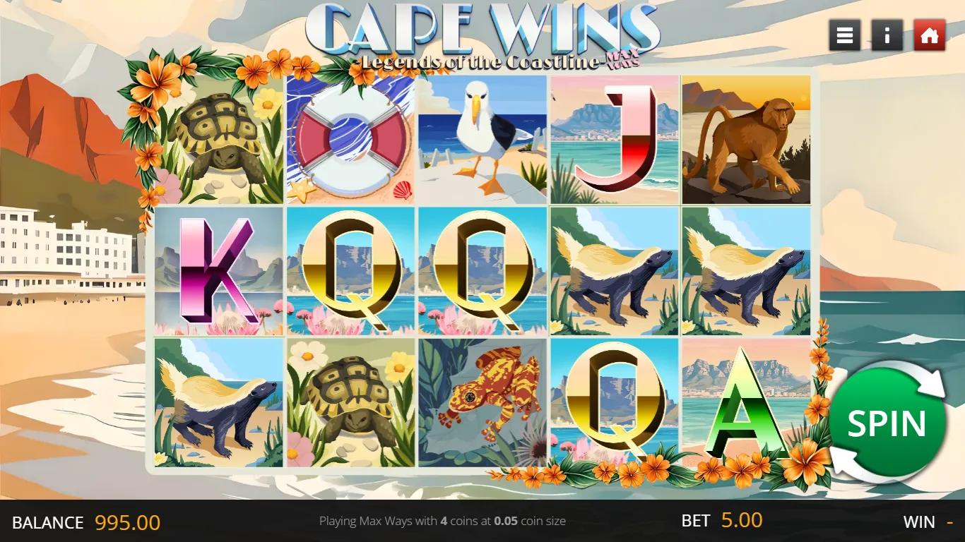 Cape Wins Legends of the Coastline slot gameplay showing 5x3 Max Ways grid with Honey Badger and African wildlife symbols on a Cape Town coastline backdrop